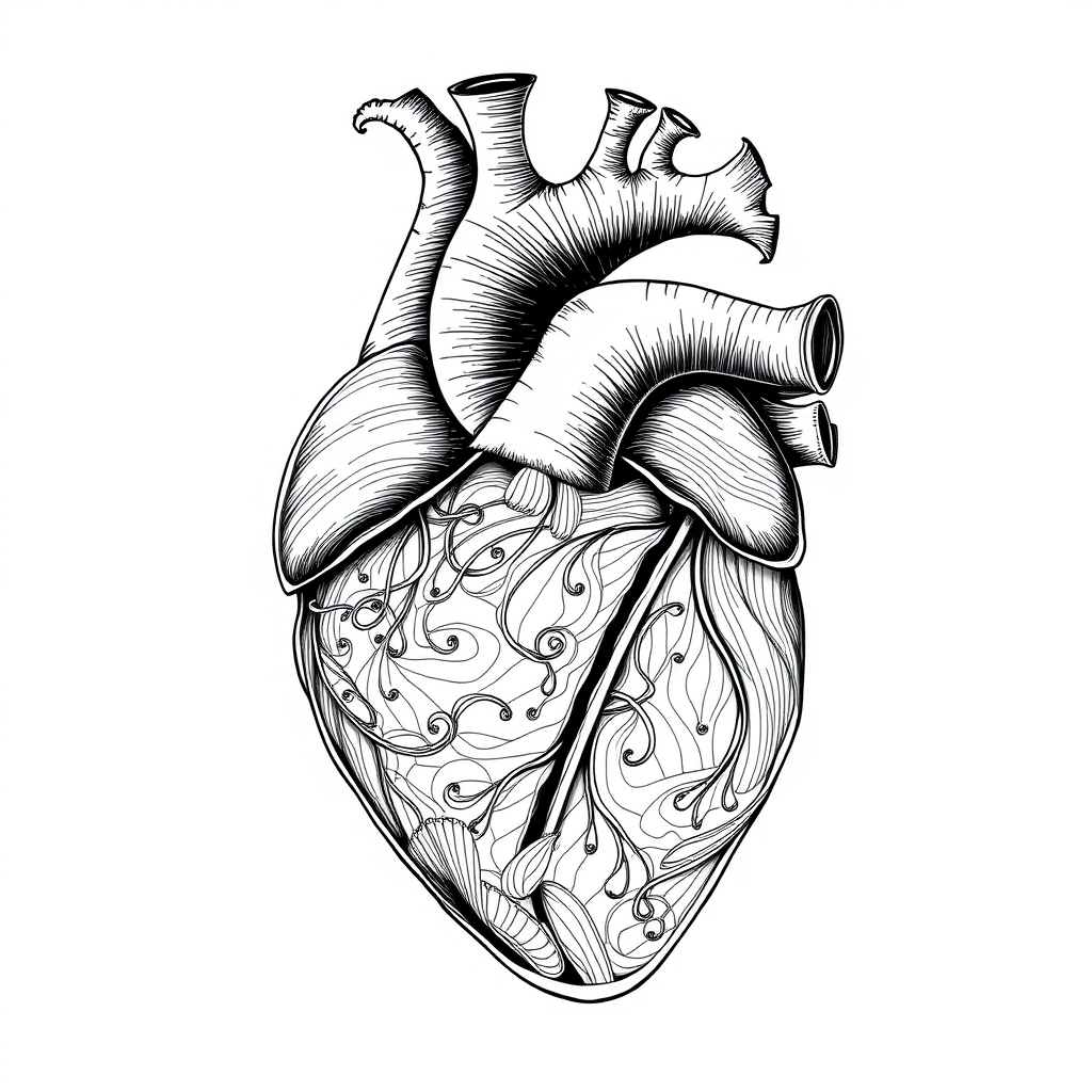 create a highly detailed black and white illustration of a human heart with intricate line work and organic shapes, using a Canon EOS R5, 50mm lens, f/2.8 aperture, 1/200s shutter speed, and soft natural lighting for enhanced clarity and depth.
