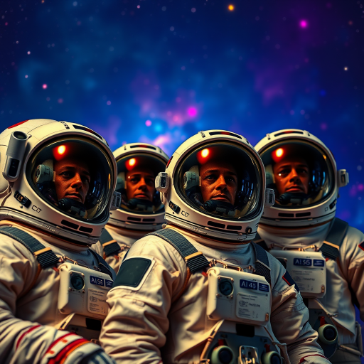 Regenerate an image of four astronauts in space helmets with a vibrant background, using a DSLR camera with a 50mm lens, aperture f/1.8, ISO 200, shot at a low-angle view, with a high dynamic range effect for enhanced quality.