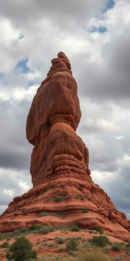 landscape of a unique rock formation with cloudy sky in the background, captured with a DSLR camera, 24mm lens, f/8 aperture, ISO 200, shutter speed 1/200s, natural lighting, shot from a low angle to emphasize height and detail
