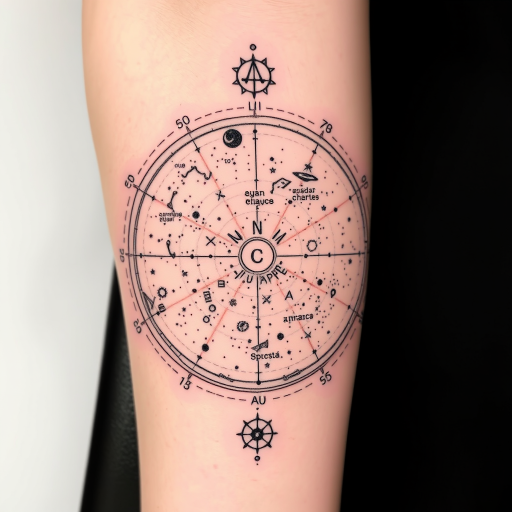 Dotwork tattoo named "Celestial Cartography" depicting a detailed star map with constellations and astronomical symbols created entirely with tiny precise dots in varying densities