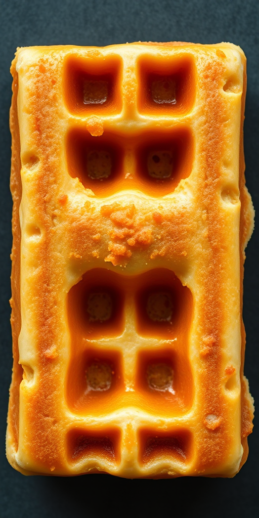 Create an image of a waffle shaped like the letter H, with a smooth texture and warm golden brown color, captured with a Canon EOS R5 using a 50mm f/1.2 lens at ISO 100 and an aperture of f/2.8, in natural lighting from a top-down view for enhanced clarity and detail.