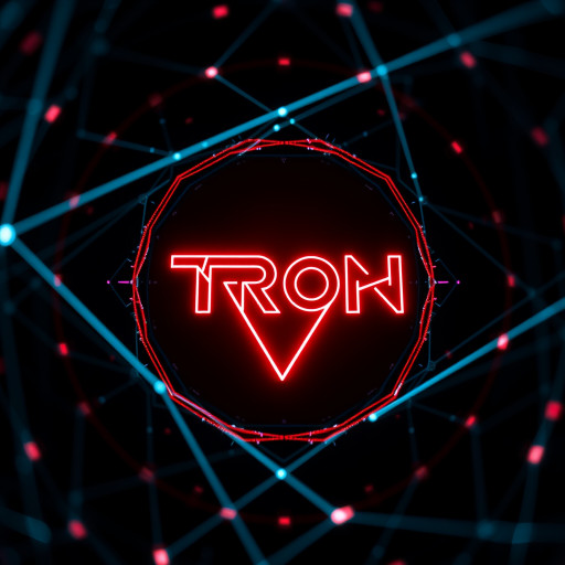 Generate a high-resolution abstract digital art image featuring a glowing red Tron-inspired logo in the center, surrounded by intricate geometric shapes and lines, set against a black background, capture with a DSLR camera using a 50mm lens at f/1.8, ISO 100, 1/125s shutter speed, with a low-angle view and soft focus.