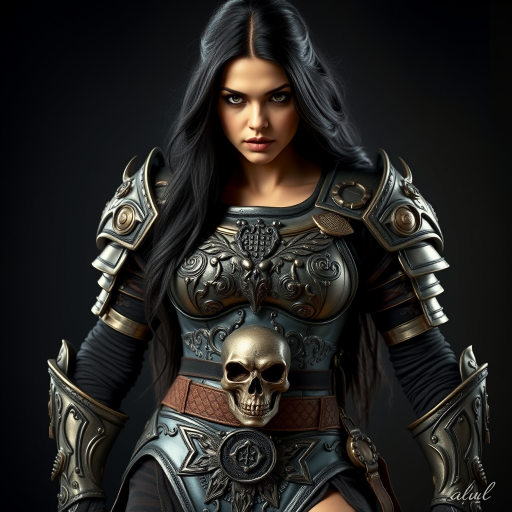 Create a photo of a fierce Turkish female warrior with long black hair, wearing an ornate, metallic armor. The armor includes a breastplate with intricate designs, shoulder guards, and gauntlets. The breastplate is decorated with a central emblem, possibly representing a mythical symbol, and has a sculpted, form-fitting design. She wears a belt with a large skull ornament at the center, and her armor extends into a partial skirt, revealing one leg. The overall look is both protective and stylish, with a dark, gothic aesthetic. The background is dimly lit, suggesting a medieval or fantasy setting, enhancing the warrior's imposing presence and intense expression.