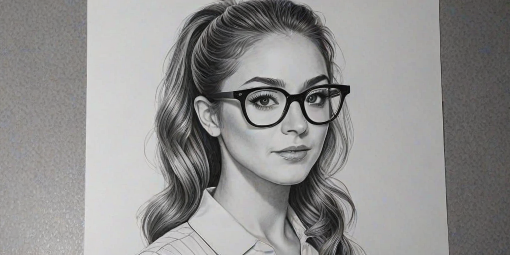 Gorgeous Alexa Vega, pencil sketch, portrait of Fetching woman 1965s in glasses, hair style beatnik, outline, clear lines, fine lines, 8k