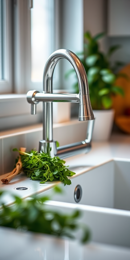 capture a modern kitchen sink with a sleek chrome faucet, surrounded by fresh herbs and greenery, soft ambient lighting, focus on the faucet and foreground details, shallow depth of field, aperture f/2.8, ISO 200, 50mm lens, natural light, DSLR camera