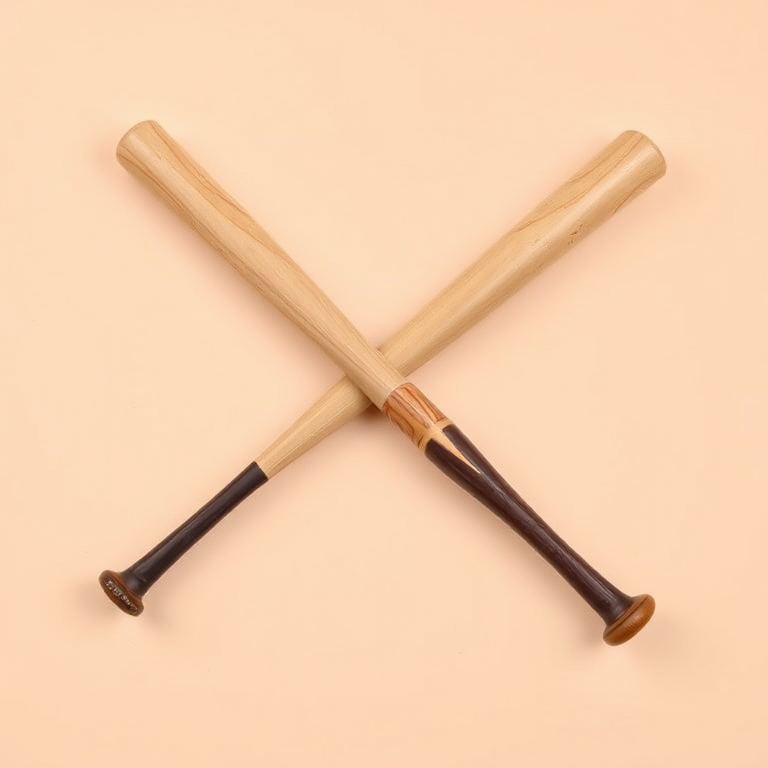 Create a high-resolution image of two crossed baseball bats on a plain background using a DSLR camera with a 50mm lens, f/1.8 aperture, ISO 100, natural lighting, and a shallow depth of field for a professional look.