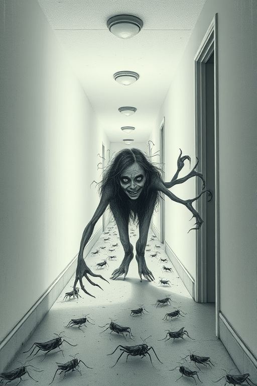 a crooked female with long arms and a creepy smile is crawling along a long white corridor and you can also see cockroaches in it there is a creepy atmosphere creepy art style