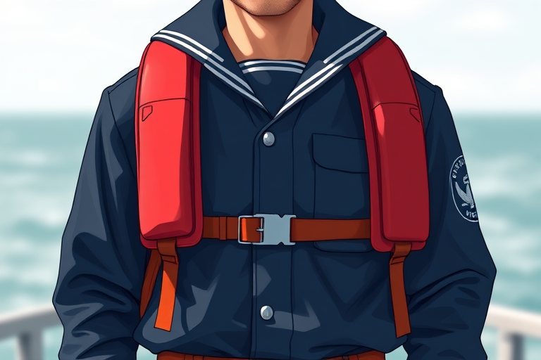 Create a high-resolution digital illustration of a sailor in a navy uniform with a red life jacket, standing upright, using a DSLR camera with a 50mm lens, aperture set to f/2.8 for a shallow depth of field, captured in natural light from the front to enhance clarity and detail.