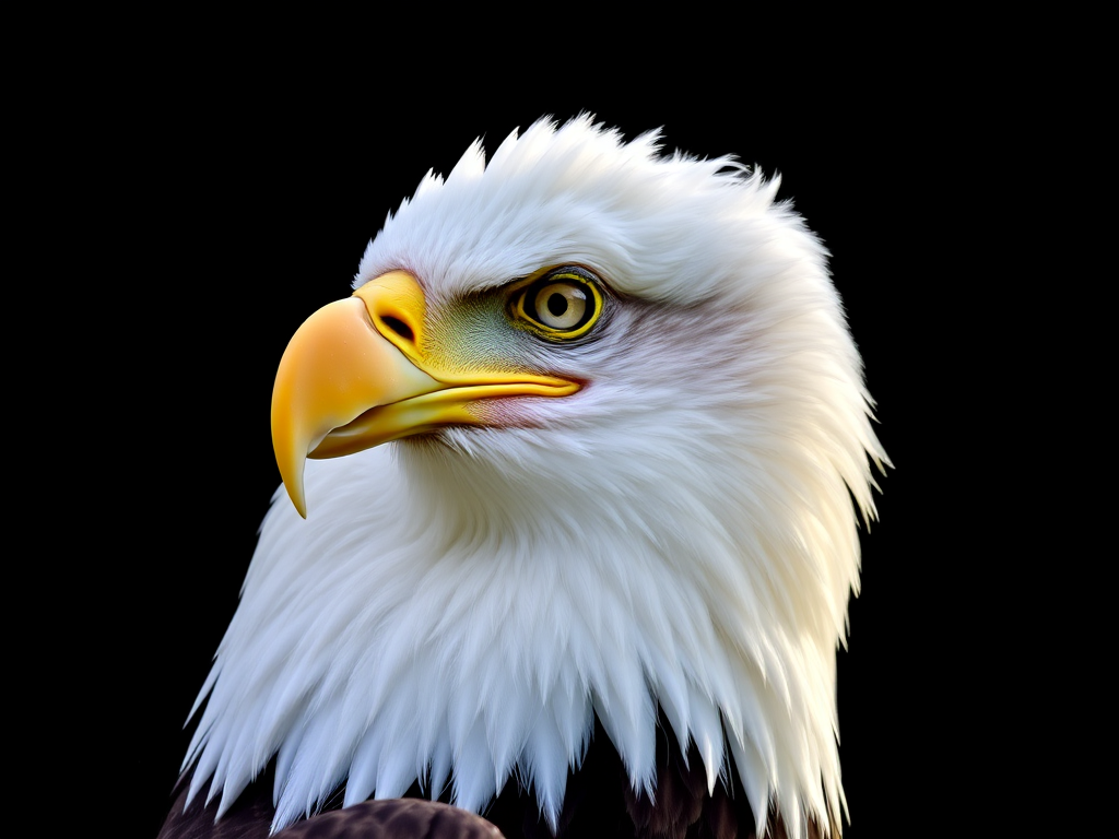 Bald eagle in profile, high-resolution, aperture f/2.8, shutter speed 1/500s, ISO 100, natural light, telephoto lens, focus on the eye, black background for contrast.