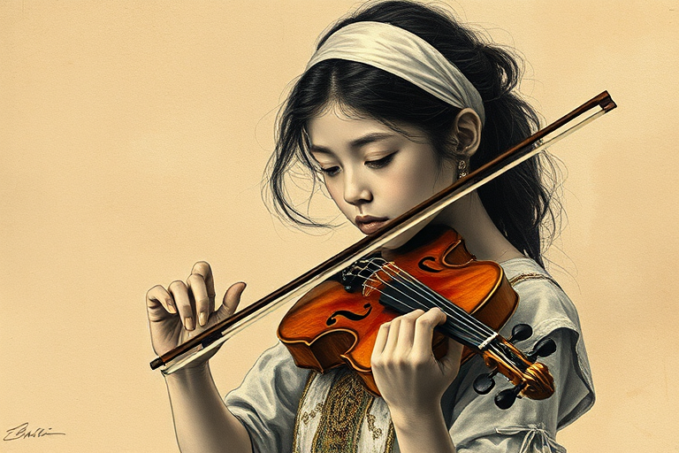 a young M'tis woman with a white headband playing a violin, in the style of a charcoal drawing, sepia grunge background