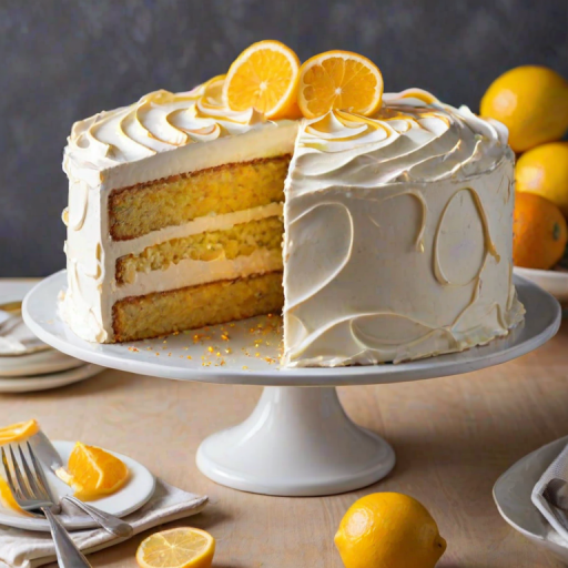 Create an image of a layered cake with a smooth lemon topping. The cake should have thin layers, be beautifully decorated with swirls of meringue on top, and feature slices of orange for garnish. Show a piece of the cake cut out to reveal the layers inside. Use a light, neutral background to emphasize the cake's colors and textures.