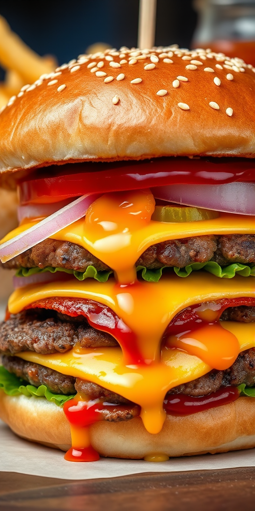 High-resolution, close-up image of a gourmet double cheeseburger. The burger features a glossy, sesame-seed-topped brioche bun. Inside, there are two thick, juicy beef patties, each topped with melted cheddar cheese. The burger is garnished with fresh lettuce, tomato slices, diced onions, and pickles. A generous amount of ketchup and a creamy, orange-colored sauce is dripping down the sides, adding to the mouth-watering appeal. In the background, there are blurred elements including a side of golden French fries and a hint of a beverage, enhancing the overall presentation of a delicious meal.