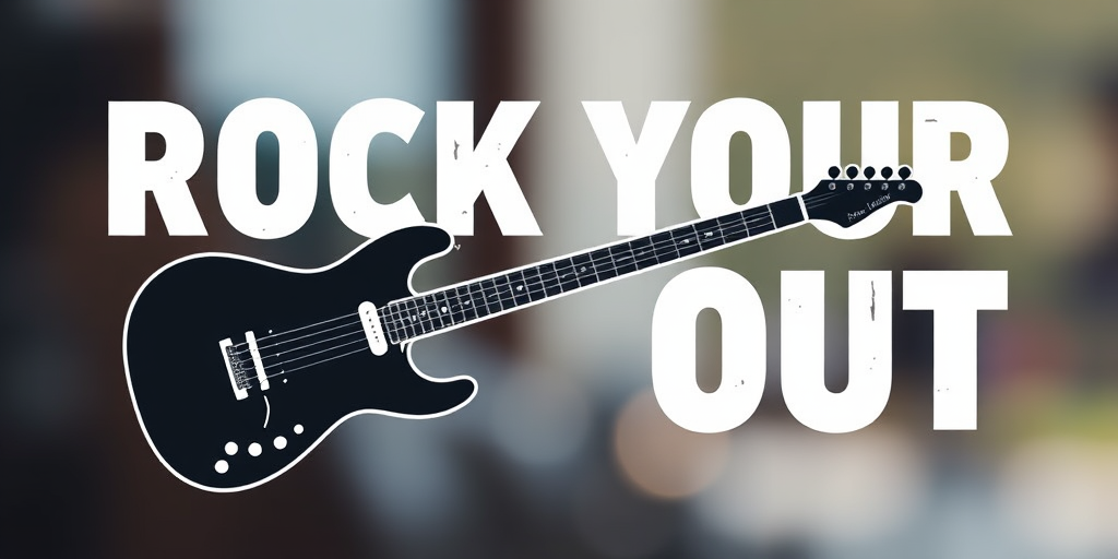 Create an image featuring a bold, modern design with the text "ROCK YOUR HEART OUT," incorporating an electric guitar graphic, using a DSLR camera with a 50mm lens at f/1.8, ISO 100, natural lighting, and a slight bokeh effect for depth.