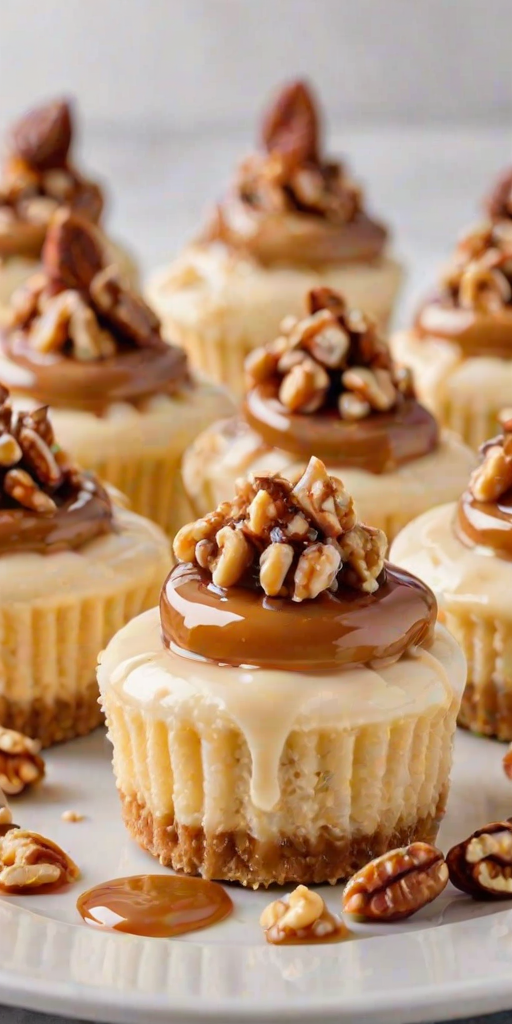 Create an image of a delicious dessert featuring individual mini cheesecakes. Each cheesecake has a smooth, creamy layer topped with a swirl of frosting. The top is drizzled with caramel sauce and garnished with chopped nuts. The base is a crumbly crust, and the presentation is on a white plate with a blurred background of more desserts.