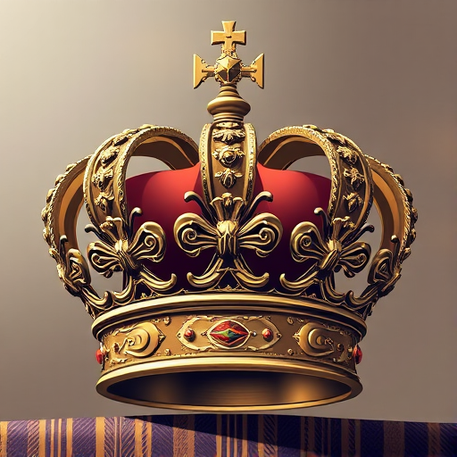 Create a detailed digital illustration of an ornate royal crown with intricate designs, using a 50mm lens, f/2.8 aperture, 1/125 shutter speed, shot at eye level with a shallow depth of field for a blurred background, rendered in a high-resolution vector style.