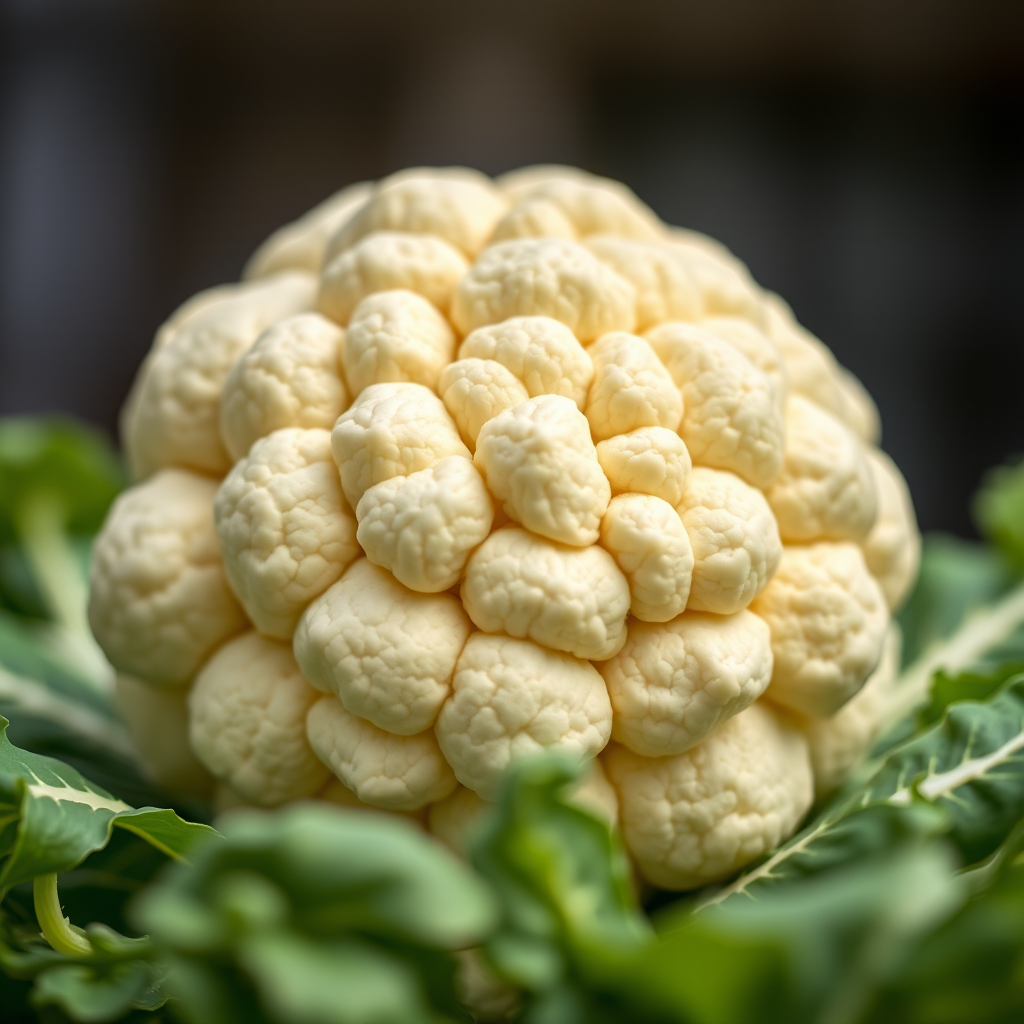 Close-up shot of a fresh, vibrant cauliflower head resting on green leaves, captured with a DSLR camera at f/4, ISO 100, 1/200 sec, natural daylight, macro lens, shallow depth of field to enhance details and colors.
