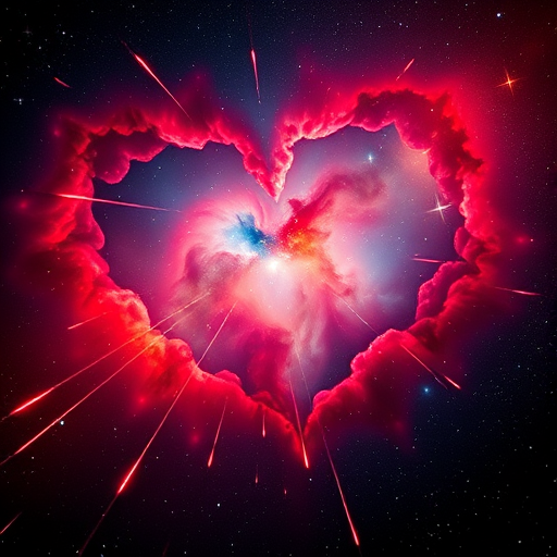 Create a cosmic scene of a heart-shaped nebula in vibrant reds and blues, with fiery comets streaming through a dark space background, using a DSLR camera settings of f/2.8 aperture, ISO 400, 30 seconds exposure, shot from a low angle to enhance depth and detail in a long exposure astrophotography style.