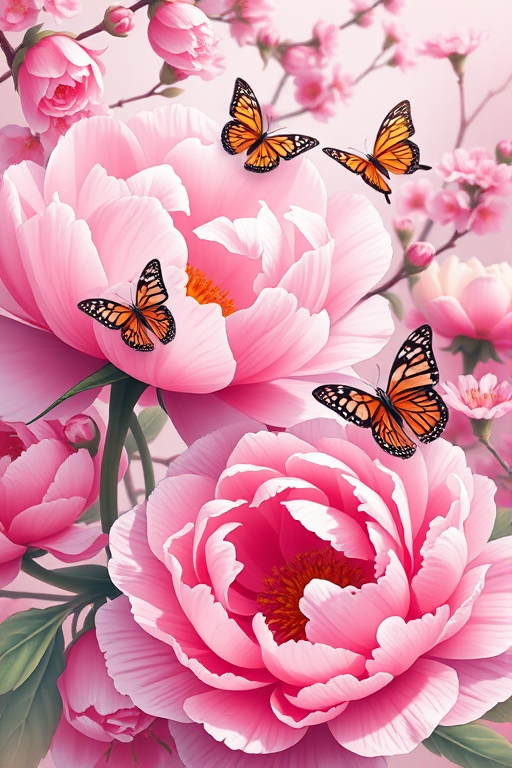 Create a vibrant floral illustration featuring pink peonies and cherry blossoms with butterflies, using a high-resolution digital art style, close-up view, soft focus lens, and settings of ISO 100, aperture f/2.8, and shutter speed 1/200s for enhanced depth and detail.