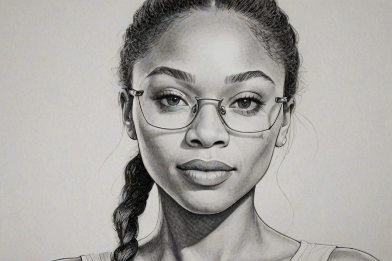 Comely Allyson Felix, pencil sketch, portrait of Enticing woman 1962s in glasses, hair style beatnik, outline, clear lines, fine lines, 8k