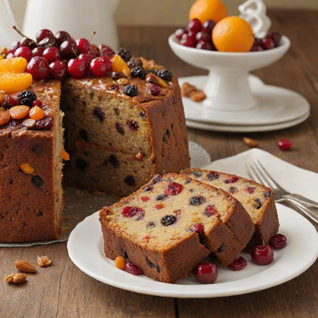 Create an image of a delicious, moist fruitcake displayed on a white plate. The cake should have a rich, golden-brown exterior with a glossy glaze on top. Show a slice cut from the cake to reveal its interior, filled with vibrant pieces of dried fruits like cherries, apricots, and raisins. The background should be simple and elegant to emphasize the cake.