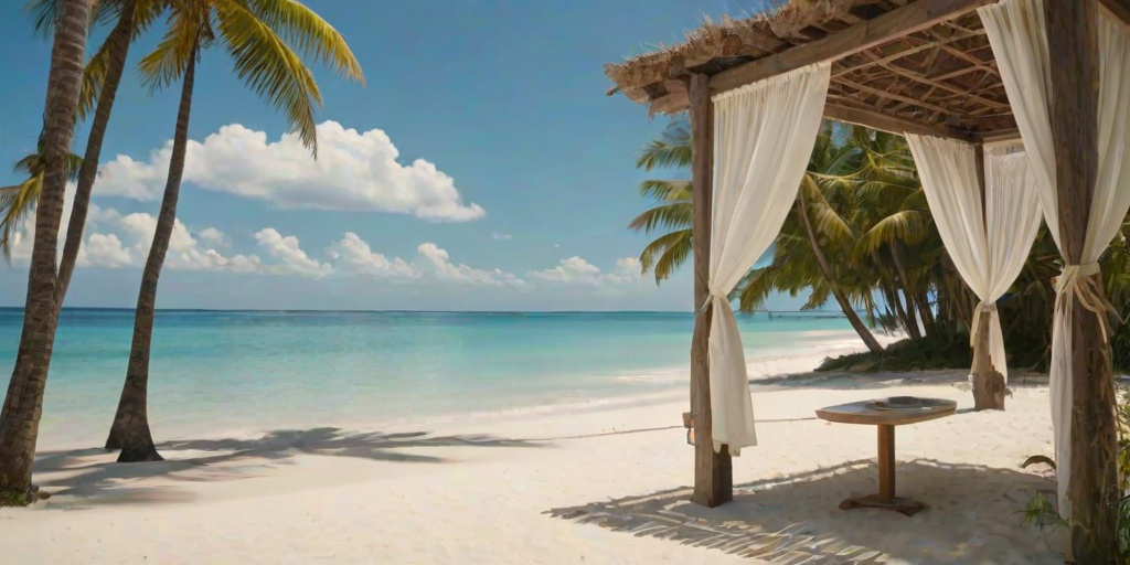 Create a picturesque tropical beach scene featuring a serene, white sandy shore. In the foreground, there's a rustic wooden canopy with white drapes gently flowing in the breeze. Underneath the canopy, a table is set with tropical decor, evoking a sense of relaxation and leisure. The beach extends into a calm, shallow water area with reflections of the sky and surroundings. Palm trees and lush greenery line the edge of the beach, providing a natural, tropical backdrop. The sky is clear with a few scattered clouds, and the overall atmosphere is tranquil and inviting, perfect for a peaceful retreat.