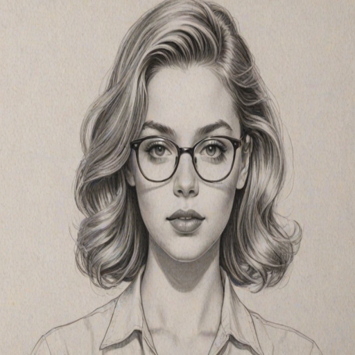 Sublime Sydney Sweeney, pencil sketch, portrait of Alluring woman 1947s in glasses, hair style beatnik, outline, clear lines, fine lines, 8k