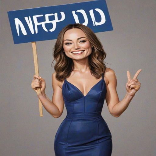 caricature of a smiling Olivia Wilde in a Sapphire dress or suit, holding up a sign that says "NEED A JOB", no watermark,