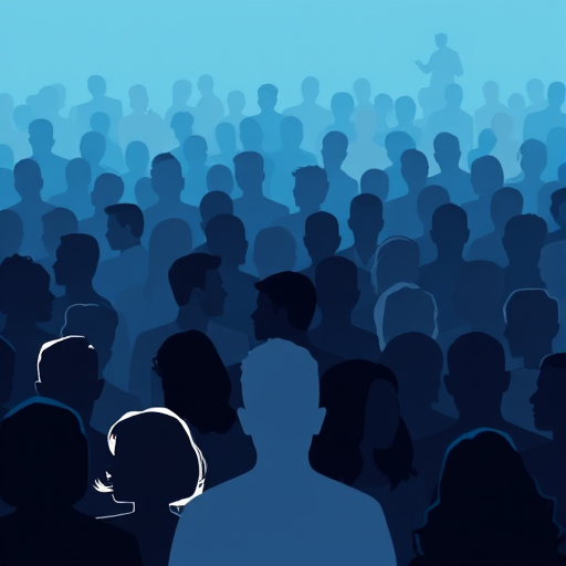 Create a vibrant illustration of diverse crowds with varying shades of blue, gray, and black silhouettes, using a Canon EOS R5 camera with a 50mm lens, f/2.8 aperture, ISO 100, and natural light to enhance clarity and depth.