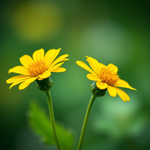 Create a high-resolution illustration of two vibrant yellow flowers with detailed petals and green stems, captured with a Canon EOS 5D Mark IV at f/2.8, ISO 100, 1/250 sec, in macro view with a soft focus background for enhanced depth.