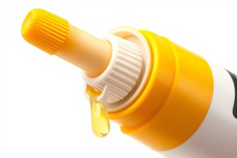 Create a high-resolution illustration of a yellow glue tube with an open cap and a small amount of glue oozing out, use a macro lens with f/2.8 aperture and 50mm focal length, employ soft natural lighting to enhance the smooth texture, and maintain a white background for contrast.