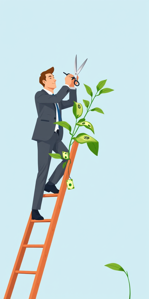Create an illustration of a businessman standing on a ladder, using scissors to trim a plant growing money, with a light blue background, shot with a high-resolution digital camera, aperture f/8, 50mm lens, natural lighting, and in a vector art style.