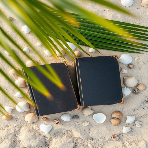photography of two books on sand surrounded by shells and palm leaves, top-down view, shallow depth of field, natural light, ISO 100, f/2.8, 1/125s, DSLR camera, macro lens
