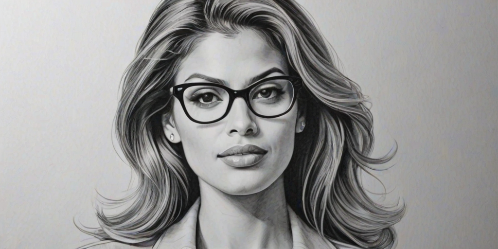 Beauteous Eva Mendes, pencil sketch, portrait of Stunning woman 1942s in glasses, hair style beatnik, outline, clear lines, fine lines, 8k