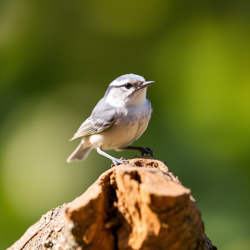 Nuthatch perched on a log, soft bokeh background, natural daylight, Canon EOS 5D Mark IV, 200mm lens, f/4 aperture, ISO 200, 1/500s shutter speed, focus on the bird with a shallow depth of field.
