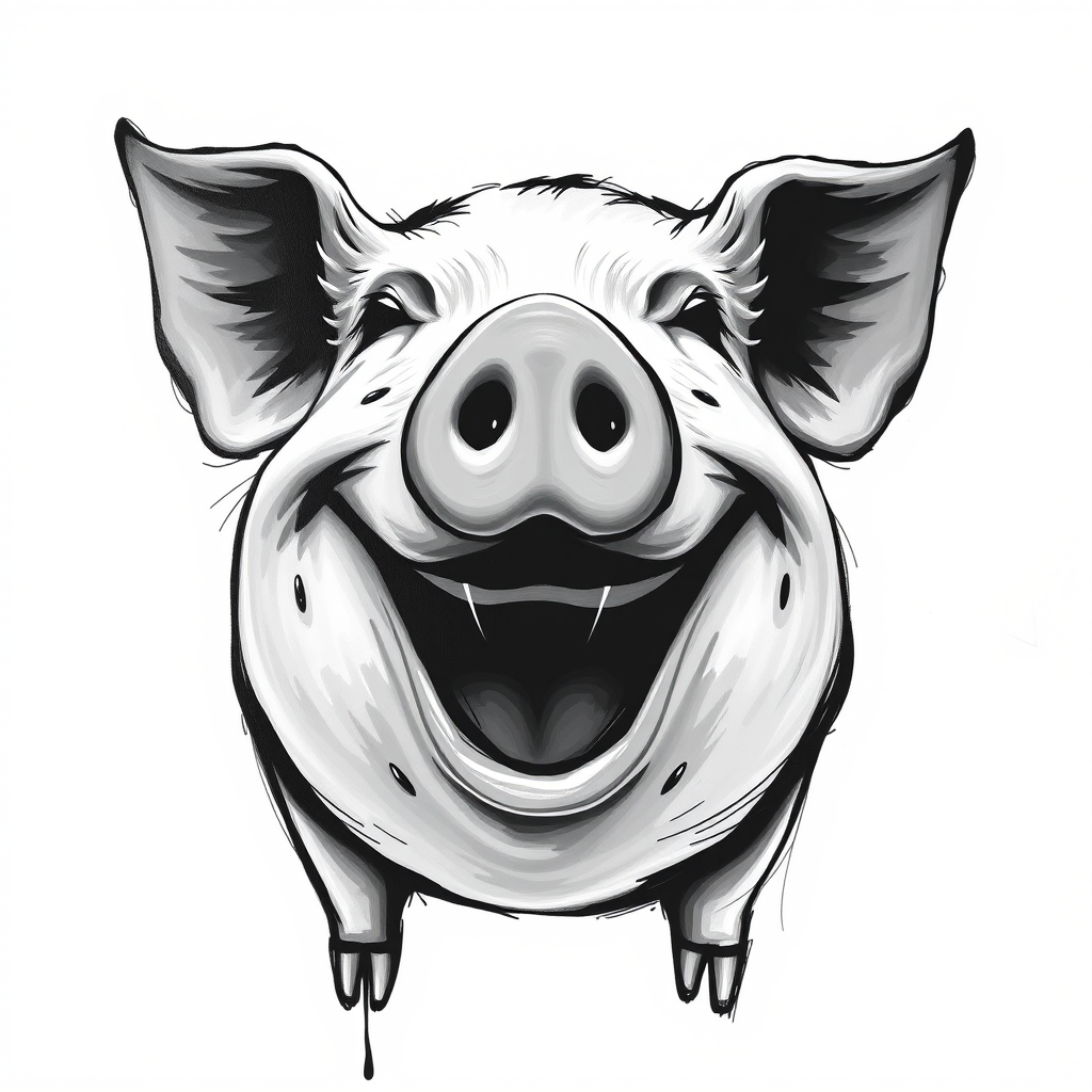 Abstract black and white acrylic portrait of an over exaggerated laughing (pig). Minimalism style. White background.