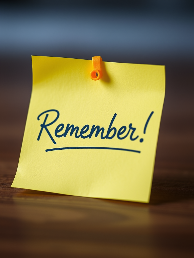 Create a realistic close-up image of a yellow sticky note with the word "Remember!!" written in elegant cursive, using a DSLR camera with a 50mm lens, aperture set to f/2.8, ISO 100, and a soft focus background to enhance clarity and detail.