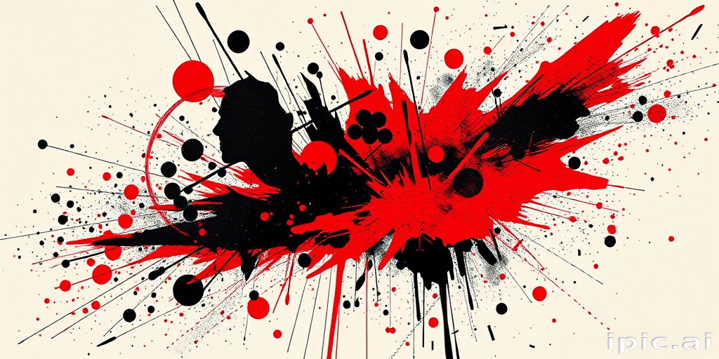 Dramatic trash polka style tattoo dubbed "Chaos and Order" combining bold geometric shapes and abstract splatters in stark black and vibrant red ink creating a powerful visual contrast between structured and chaotic elements text fragments and photorealistic elements add depth and complexity to the dynamic composition