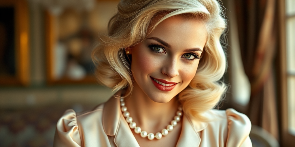 A beautiful Romani woman reminiscent of 1950s Hollywood glamour, with perfectly styled blonde hair and a seductive smile, dressed in a satin blouse and adorned with pearls, soft and warm tones, photorealistic, 8K