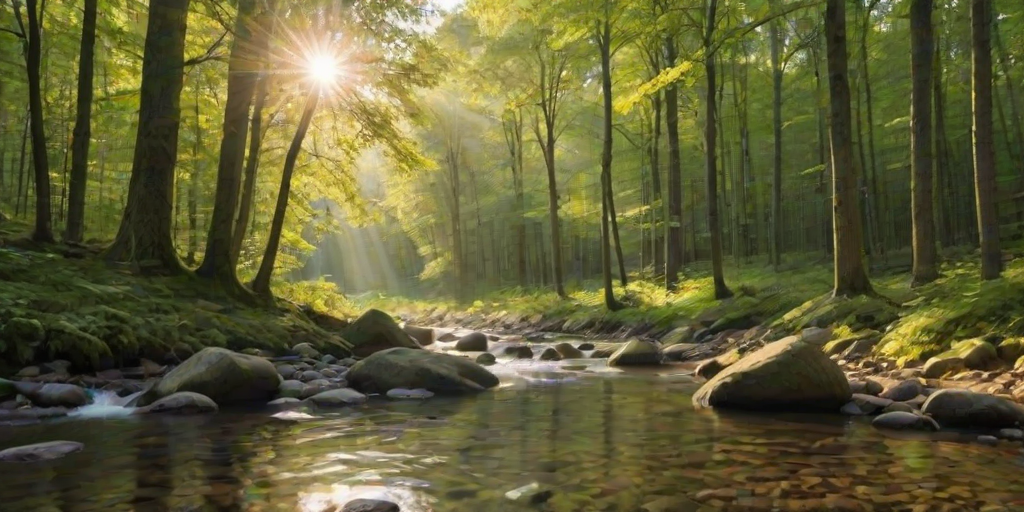 Create an image of a serene, sunlit forest scene with a clear, gently flowing river. Tall trees with lush green foliage line both sides of the river, their leaves bathed in the warm golden light of the setting or rising sun. The sunlight filters through the trees, casting soft, dappled light on the river, which flows over smooth rocks and pebbles, creating a peaceful, natural atmosphere. The sky is bright with a few scattered clouds, and the overall mood is tranquil, evoking a deep sense of connection with nature. The image captures the beauty of a calm, pristine forest landscape at either dawn or dusk.