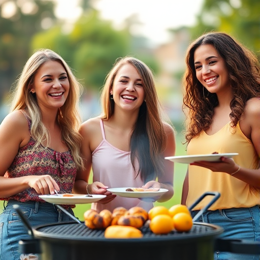 Three cheerful young women enjoying a barbecue, standing around a grill with plates in hand, vibrant colors, shallow depth of field, soft natural lighting, DSLR camera, 50mm lens, f/2.8, ISO 200.