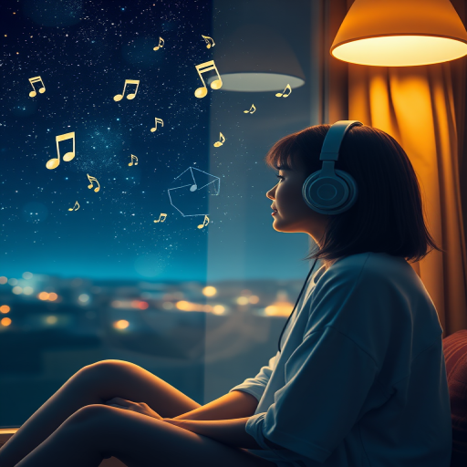Generate an image of a young woman with headphones sitting by a window at night, gazing outside at a starry sky with musical notes floating around, warm light illuminating her from a nearby lamp, soft focus, high dynamic range, aperture f/1.8, ISO 100, 50mm lens, digital art style.