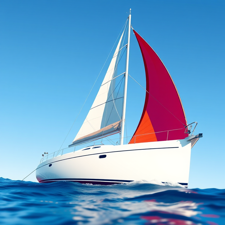 Create a high-resolution vector image of a sailboat with a sleek design, using a 50mm lens at f/8 aperture, ISO 100, from a low-angle perspective, with a shallow depth of field, showcasing vibrant colors and clear details, in a digital illustration style.