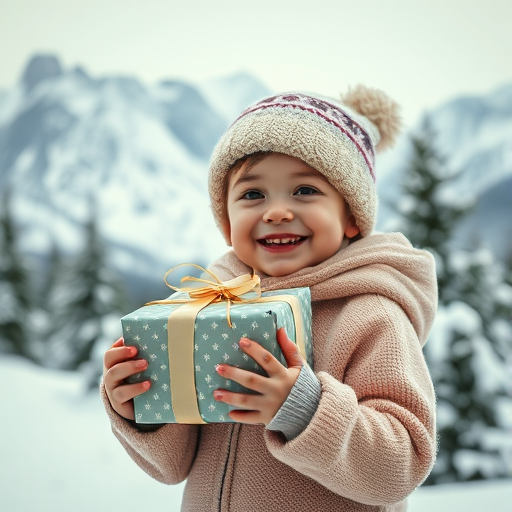 Generate a winter scene featuring a smiling child holding a beautifully wrapped gift, surrounded by snow-covered mountains and pine trees, using a DSLR camera with a 50mm lens at f/1.8, ISO 200, and a soft focus background for a dreamy effect.