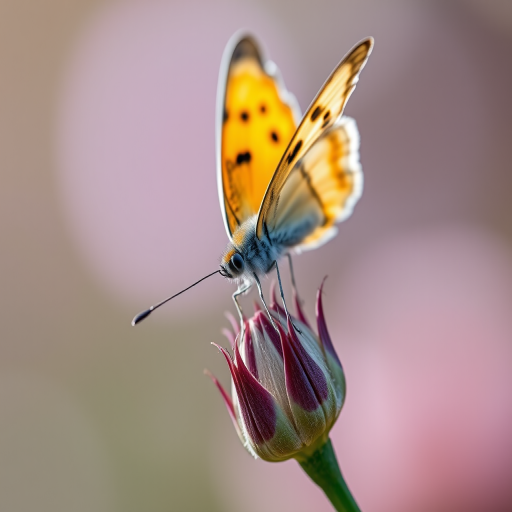A close-up shot of a butterfly perched on a flower bud, with a soft bokeh background, taken with a Canon EOS 5D Mark IV, 100mm f/2.8 macro lens, f/2.8 aperture, ISO 100, shutter speed 1/200 sec, natural lighting for enhanced detail and clarity.