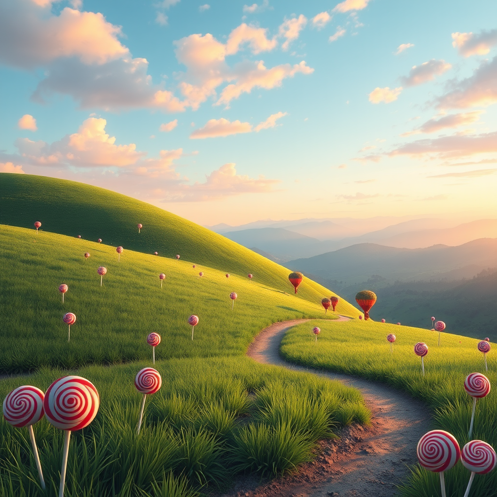 Create a vibrant digital illustration of a whimsical landscape with rolling green hills, colorful lollipops scattered throughout, a winding dirt path, soft pastel sky, and distant mountains, using a Canon EOS R5 with an aperture of f/8, shutter speed of 1/250 sec, ISO 100, and wide-angle lens for enhanced depth and detail.