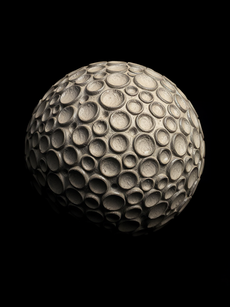 Generate a highly detailed illustration of a textured sphere with varying sized circular indentations on a solid black background, captured with a DSLR camera, 50mm lens, f/8 aperture, 1/125s shutter speed, ISO 100, top-down view for enhanced clarity and depth.