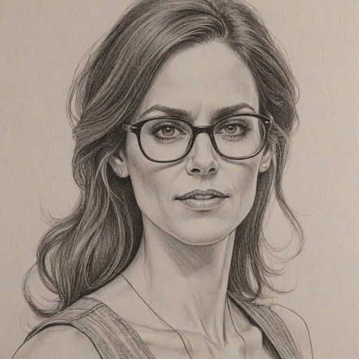 Alluring Annabeth Gish, pencil sketch, portrait of Fascinating woman 1969s in glasses, hair style beatnik, outline, clear lines, fine lines, 8k