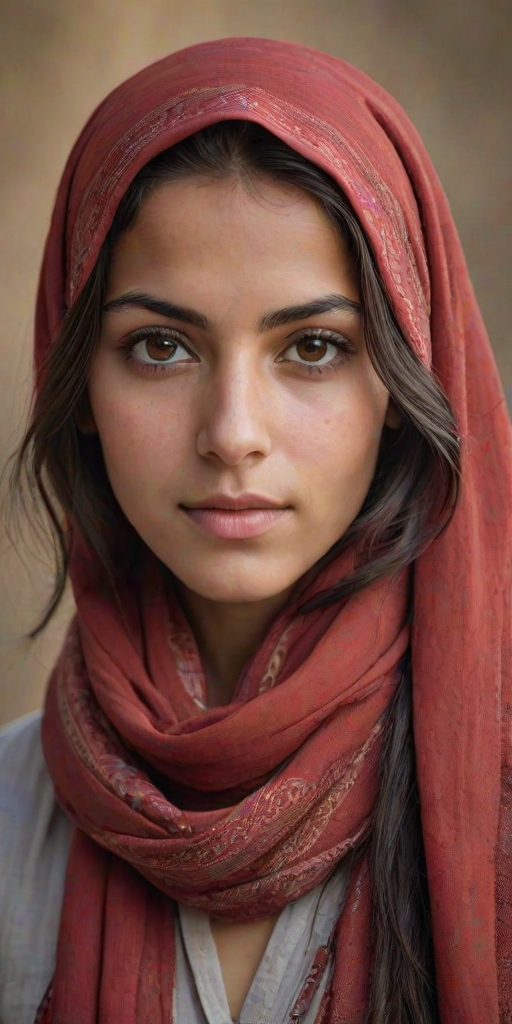 Create a portrait of a young Berber woman with long, dark hair and captivating hazel eyes. She is wearing a red headscarf and a matching scarf draped gracefully around her neck. The background is softly blurred, focusing attention on her serene and natural expression. The overall color palette is muted and warm, enhancing the intimate and authentic feel of the portrait.