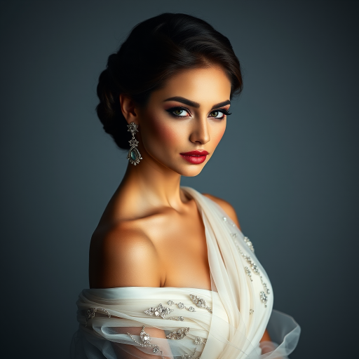 Studio portrait, female model, elegant couture dress, bold makeup, dramatic lighting, Shoot over the shoulder using a telephoto lens to focus on small details like jewelry, makeup, or fabric textures