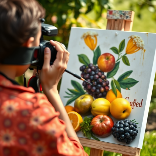 Create a vibrant outdoor scene of a person painting still life fruits on a canvas, using a DSLR camera with a 50mm lens, aperture set to f/2.8, ISO 200, and soft natural lighting to capture detailed textures and colors.